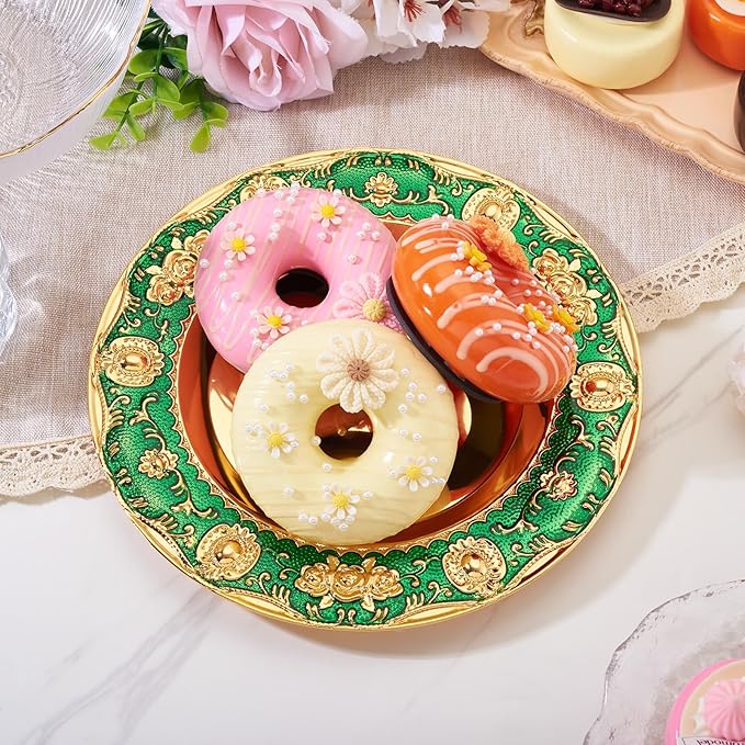 1pcs Golden Serving Tray for Party 4.8" Vintage Round Decorative Plate Tray Jewelry Makeup Organizer Dishes Bathroom Vanity Tray for Gift Wedding Coffee Table Dessert Christmas 20 cm (Green)