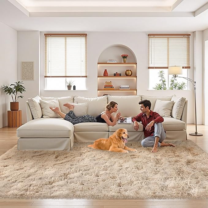 FinRèc Tan Rugs for Bedroom Living Room, 5x8 Feet Fluffy Plush Area Rug, Non-Slip High Pile Shaggy Rug for Kids Room Dorm Room Home Decor, Indoor Solid Shag Floor Carpet