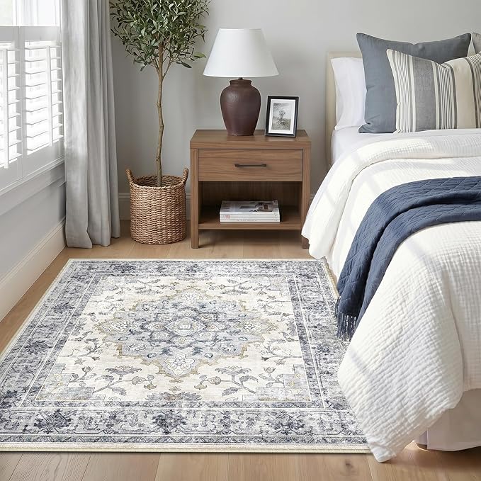 CAPALOCA Machine Washable Rugs Nursery Rug Sq4ft Cute Girl Non Slip Low Pile Water Repellent Soft Print Pattern for Bedroom Indoor Decor Kids Playroom Blue White