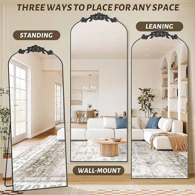 Vintage Full Length Mirror,78"x38" Arched Antique Floor Mirror with Carved Metal Frame,Large Standing Wall Mounted or Leaning Mirror for Bedroom Living Room Entryway,Black