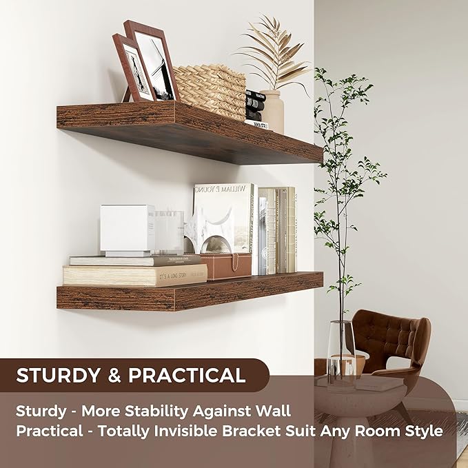 Floating Shelves for Wall 36 inch Long, Engineered Wood Wall Shelves with Invisible Brackets for Living Room Bedroom Bathroom Office Kitchen Decor and Storage, Rustic Brown Finish, Set of 2