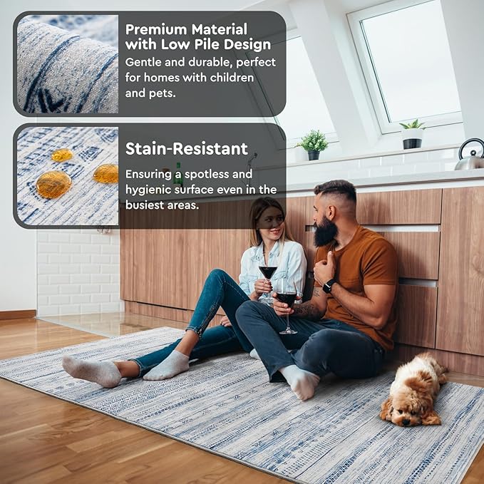 Small Area Rug-2x3 Entryway Rug Non Slip Washable Low Pile Indoor Door Mat Neutral Distressed Boho Moroccan Entrance Rugs Carpet for Bedroom Kitchen Powder Room Front Porch Bathroom, Blue