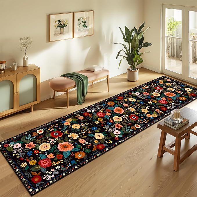 RELEANY Floral Nursery 2x10 Area Rugs Washable Print Boho Cute Carpet Non Slip Flower Low Pile for Living Room Kids Girls Playroom Bedroom Kitchen Office Farmhouse-Black