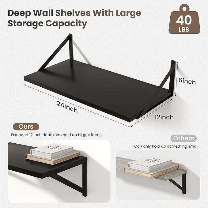 Marsmiles 12 Inch Deep Floating Shelves | 24 Inch Black Wall Shelves Set of 2 | Rustic Wood Wood Floating Shelves for Living Room Bedroom Bathroom