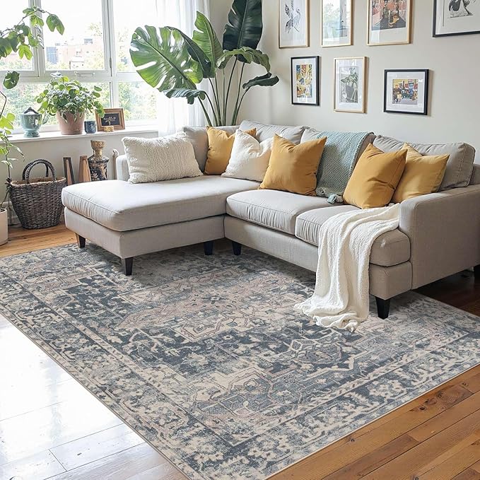 Rugxara 4x6 Rug for Living Room Bedroom, Blue Washable Throw Rugs, Vintage Retro Boho Area Rugs, Non Slip & Low Pile Accent Throw Carpet for Indoor Dining Room, Kids Room and Office(Blue 4x6ft)