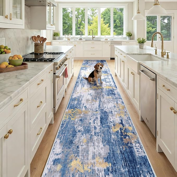 RELEANY Washable Area Rugs 2'6"x14 Non-Slip Modern Abstract Soft for Living Room Entryway Bedroom Nursery, Print Pattern, Grey Blue Gold/Golden