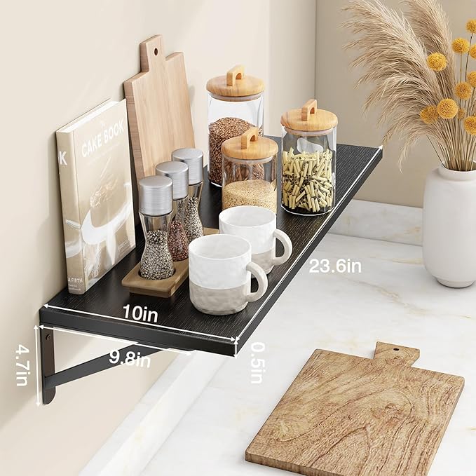 Fixwal Floating Shelves for Wall, 24 Inch Wide x 10 Inch Deep Black Shelves for Bedroom, Large Wall Shelf for Living Room, Kitchen, Bathroom, Laundry Room and Decor Storage (Set of 2)