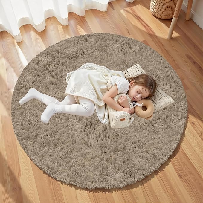 Gray Camel Round Fluffy Rug 5ft,Soft Bedroom Circle Rugs Mats for Kids Girls Nursery Room,Washable Plush Shaggy Indoor Non Slip Rug for Bedside Living Room Bedroom Circular Carpet,Home Decor Aesthetic