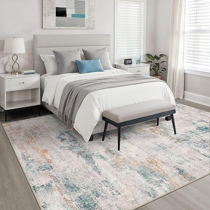 6x9 Area Rugs Living Room: Washable Large Neutral Aqua Brown Rug Abstract Soft Modern Stain Resistant Indoor Floor Non-Slip Carpet for Bedroom Nursery Kids Office Playroom Dining Room Under Table