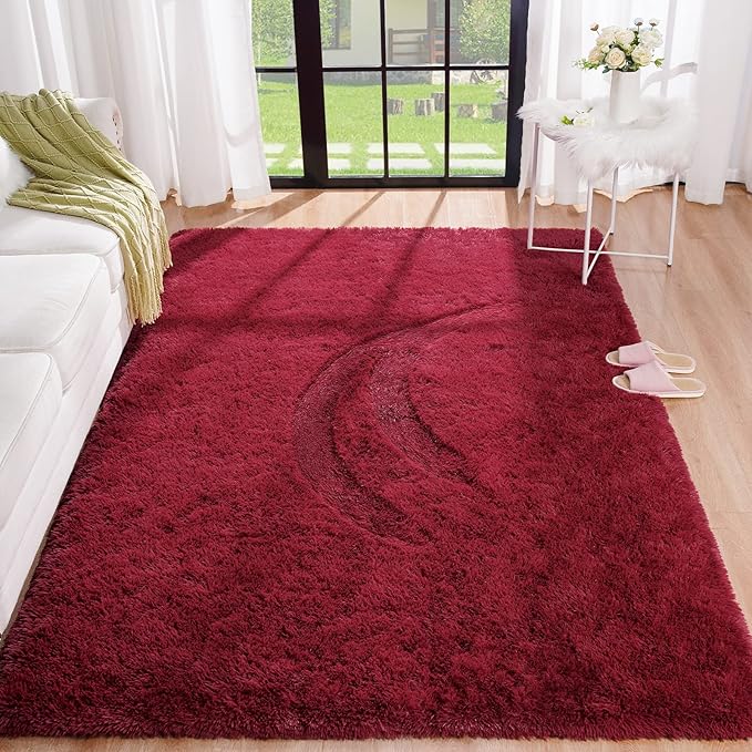 BENRON Fluffy Rugs for Living Room 5x8 Wine Red, Washable Large Area Rugs for Bedroom Dining Table Office Kids Nursery Room, Washable Indoor Floor Carpets