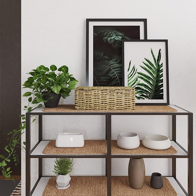 Seagrass Rectangle Storage Boxes w Lid | Set 2 Household Essential Shelf Organizer - Decorative Wicker Bins for Home Office, Nusery Supplies, Kitchen Accessories - Rustic Bathroom Toilet Tank Topper
