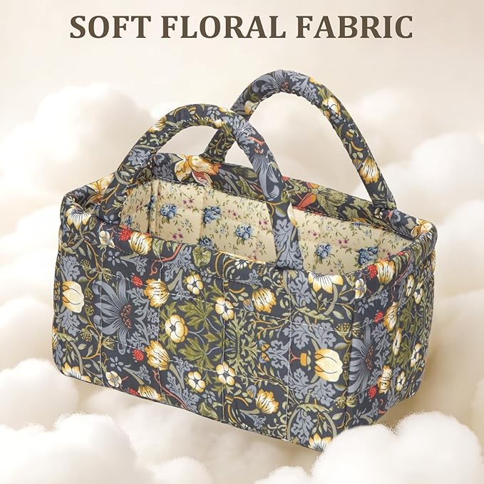 Small Storage Basket Organizer, Mini Fabric Floral Storage Baskets with Handle, Quilted Portable Collapsible Storage (Vine-Blue B)