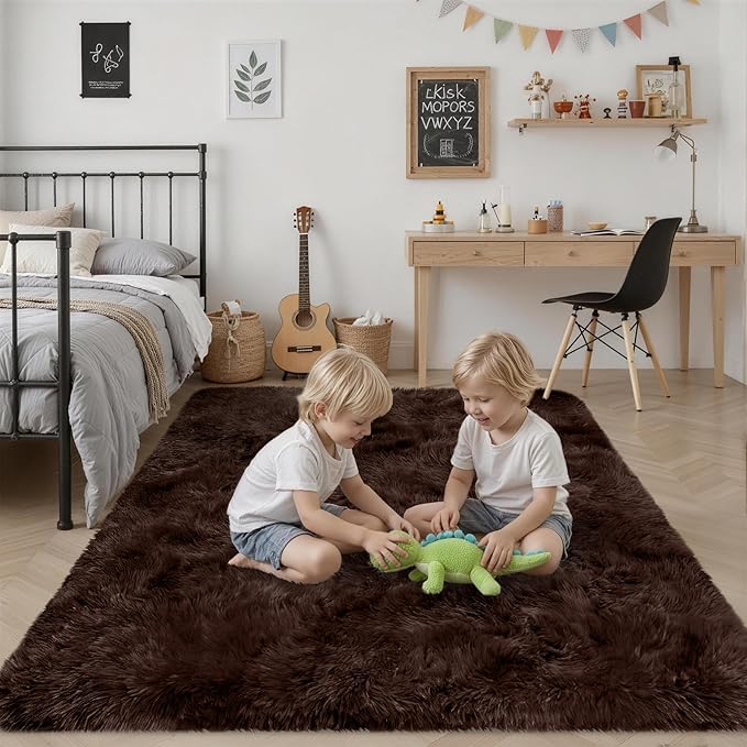 Fluffy Area Rugs 9x12 Living Room Bedroom: Ultra Soft Shag Rug Upgrade Non-Slip Non-Shedding Large Fuzzy Plush Carpet Indoor Floor Carpets for Kids Room Playroom Nursery Dorms Home Decor Brown