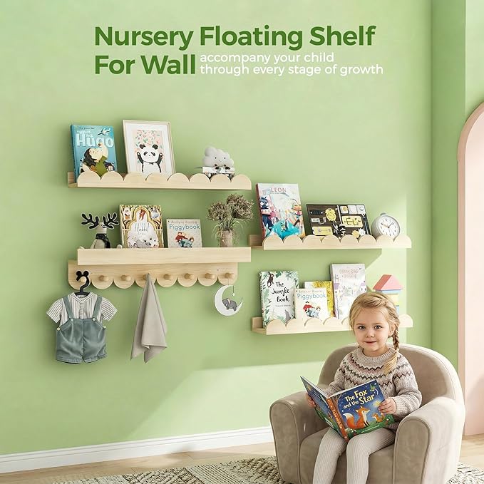 24 Inch Floating Shelves for Wall, 4-Pack Nursery Book Shelves with Hooks, Scalloped Shelves, Wall Book Shelves for Kids Room, Baby Room, Bedroom, Nursery Decor