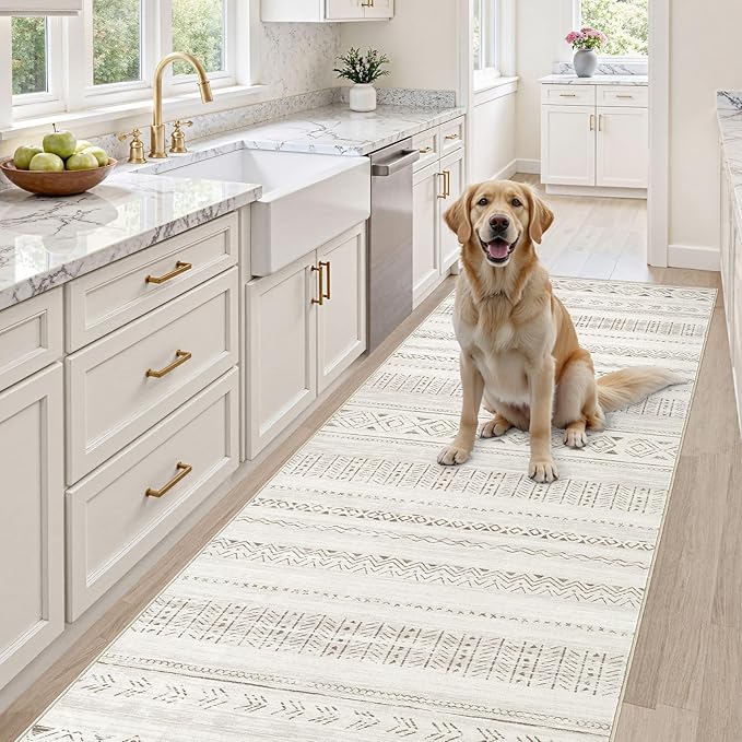 cotiled Washable 3x8 Runner Rugs: Washable Boho Rugs with Non Slip Backing Large Soft Indoor Stain Resistant Carpet for Living Room Bedroom Farmhouse Dining Room Lightweight Home Decor L Brown/Cream