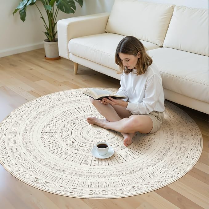 cotiled 5x5 Round Area Rug Living Room: Washable Boho Rugs with Non Slip Backing Large Soft Indoor Stain Resistant Carpet for Bedroom Farmhouse Dining Room Lightweight Home Decor L Brown/Cream