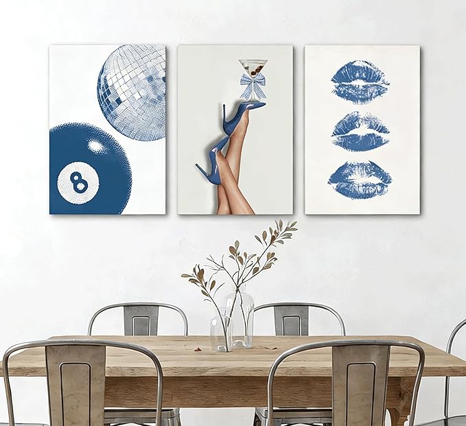 3Pcs BlueTrendy Aesthetic Canvas Wall Art,Fashion High-Heeled Shoe Print Posters,Lucky 8 Ball Lip Pictures,Y2K Stylish Wall Decor for Girls' Bedroom Dorm Apartment. 24x16in Framed