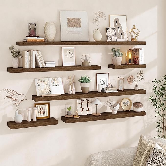 Fun Memories 60 Inch Fireplace Mantel - Long Floating Shelf, Wall Mounted Farmhouse Display with Invisible Heavy Duty Metal Bracket, Walnut, 2 Pack