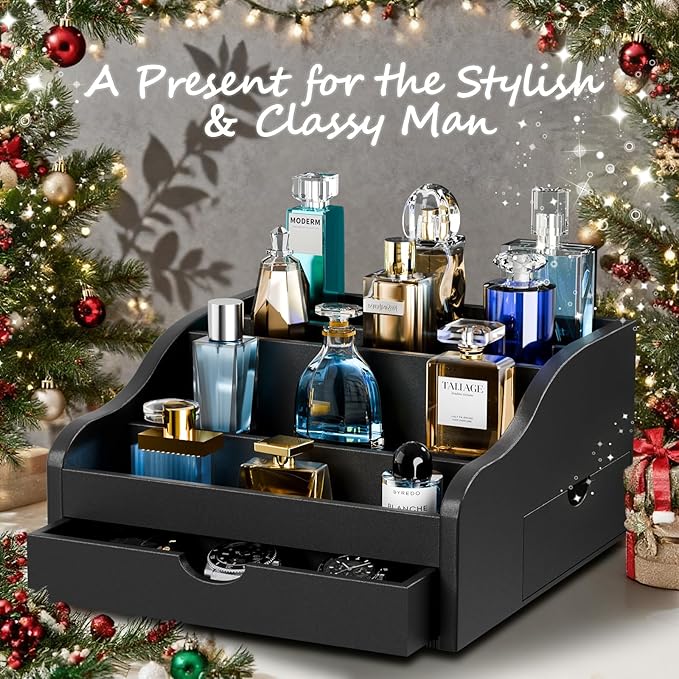 Perfume Organizer for Men，4 Tier Cologne Organizer for Men，Wood Cologne Stand with 2 Drawer and Hidden Storage for Watch, Jewelry, Perfume Display Risers, A Gifts for Man (Black)