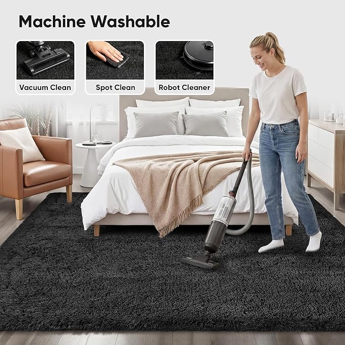 8x10 Area Rugs for Living Room Bedroom: Soft Fluffy Black Shag Upgrade Non-Slip High Pile Carpet Large Fuzzy Plush Indoor Floor Decor Shaggy Rug for Kid Boys Girls Dorms Playroom Nursery Modern Home