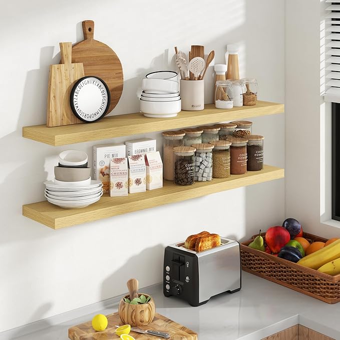 Acovy 48 Inch Floating Shelves, 8 Inch Deep Floating Shelves for Wall, Hanging Shelf with Invisible Brackets, Deep Shelves for Bathroom, Bedroom, Living Room, Oak, Set of 2