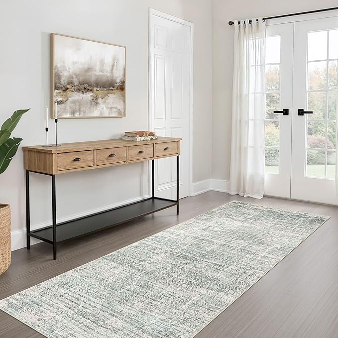 Runner Rug Non-Slip Kitchen Rug: 3x10 Washable Abstract Modern Soft Stain Resistant Indoor Floor Neutral Accent Throw Carpet for Hallway Bathroom Laundry Room Bedroom Entryway- Green