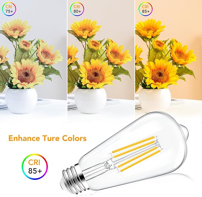 PARTPHONER LED Light Bulbs Dimmable Vintage Edison Bulb, E26 LED Bulb 60W Equivalent 720 Lumens, Amber Warm 2200K, ST58 Antique LED Filament Bulb CRI 85+, Clear Glass, Pack of 12