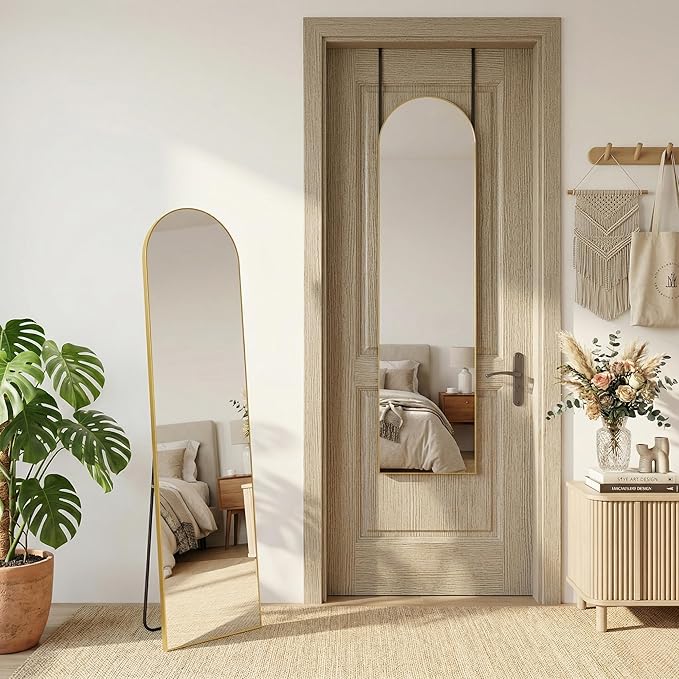 Antok Full Length Mirror, 56"x15" Floor Mirror with Stand, Hanging Mounted Mirrors for Bedroom, Living Room, Cloakroom, Dining Room, Gold, Arch