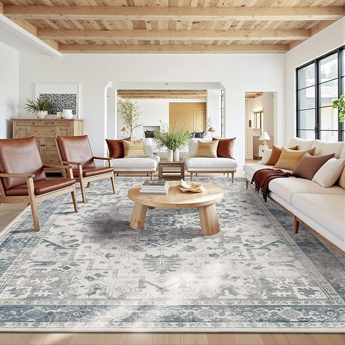 Rugxara 10x14 Extra Large Washable Area Rug, Soft Neutral Vintage Boho Rug for Living Room, Bedroom, Office, Farmhouse, Low Pile Imitation Wool Non Slip Carpet Ideal for High-Traffic Areas, Blue Grey