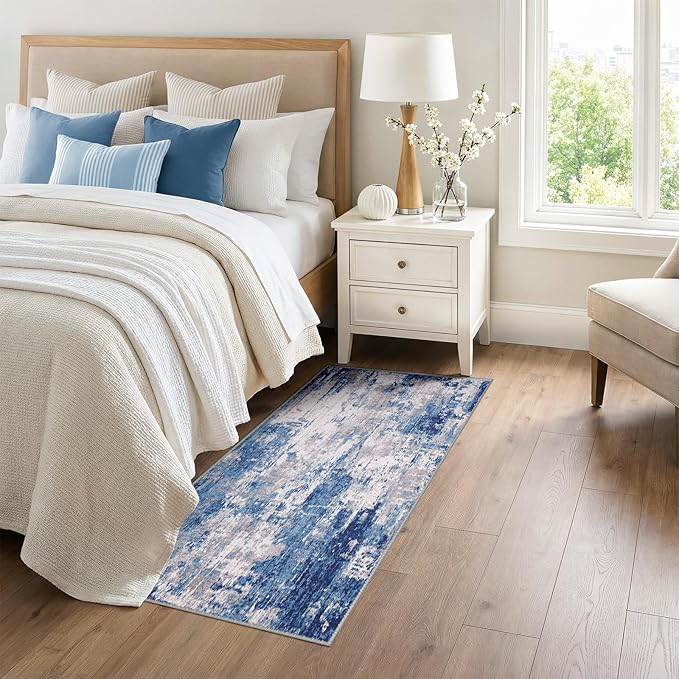 RELEANY Washable Area Rugs 3x6 Non-Slip Modern Abstract Soft for Living Room Entryway Bedroom Nursery, Print Pattern, Blue Grey Navy Gray