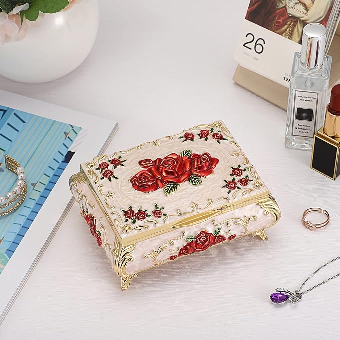 Hipiwe Metal Decorative Jewelry Box Vintage Treasure Chest Case Ornate Trinket Organizer Earrings Necklace Bracelet Storage Box Ring Holder Keepsake Box for Women