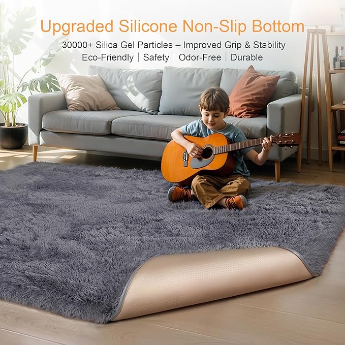 KICHOWUA Thick Area Rug Grey Fluffy Shag 5x8 for Bedroom Living Room Washable Plush Fuzzy Carpet for Kids Girls Boys Baby Room Nursery Soft Furry Shaggy Indoor Floor Non Slip Rugs for College Dorm