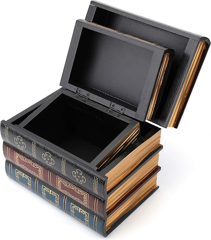 Tosnail 2 Pack Decorative Book Boxes Wooden Antique Book Decorations Vintage Storage Box
