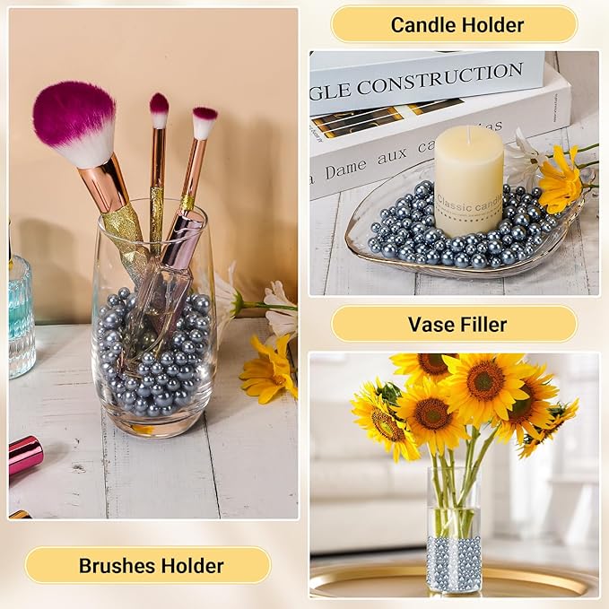 Suream 350Pcs Beads for Makeup Brush Holder, 12mm/0.47Inch Round Pearls for Cosmetic Pen Organizer, Vase Filler for Wedding Centerpiece, Birthday Party, Table Scatter, Home Decoration(Silver, No Hole)