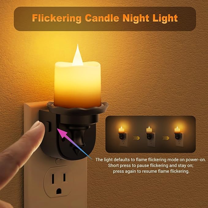 JandCase Night Lights Plug into Wall, 2 Pack Flameless Flickering Electric Fake Candle Night Light with Dusk to Dawn Sensor, 3000K Soft White, 0-100LM Dimmable Nightlight for Bathroom Bedroom Hallway