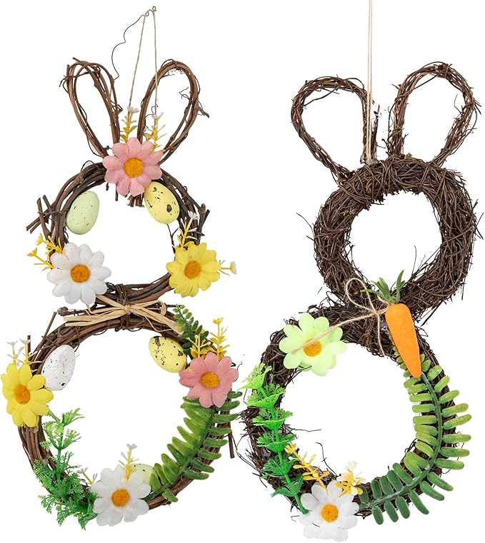 Berfutall-Easter Bunny Basket Decoration with Flowers, Spring Decor with Pastel Eggs(2D)