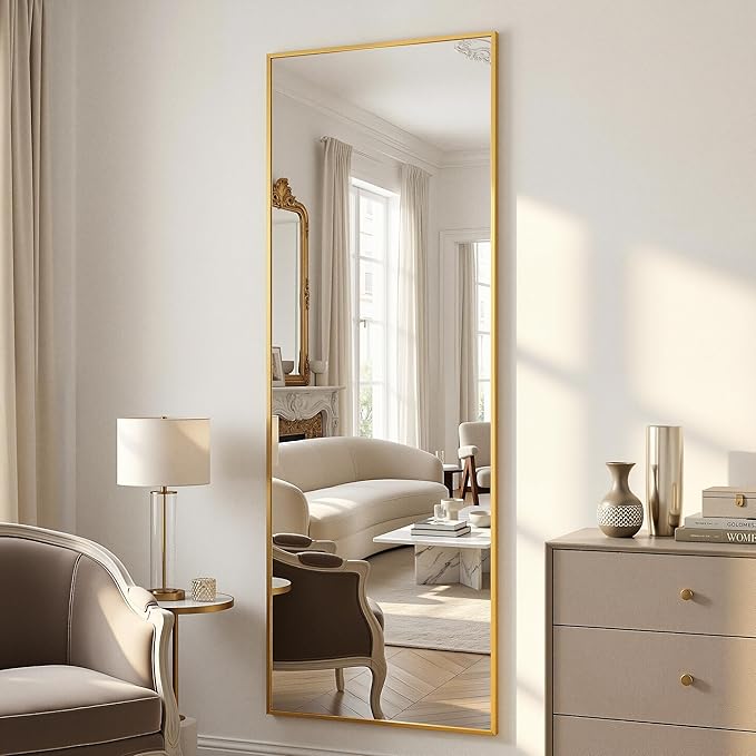 Antok Full Length Mirror, 58"x19" Floor Mirror with Stand, Hanging Mounted Mirrors for Bedroom, Living Room, Cloakroom, Dining Room, Gold, Rect