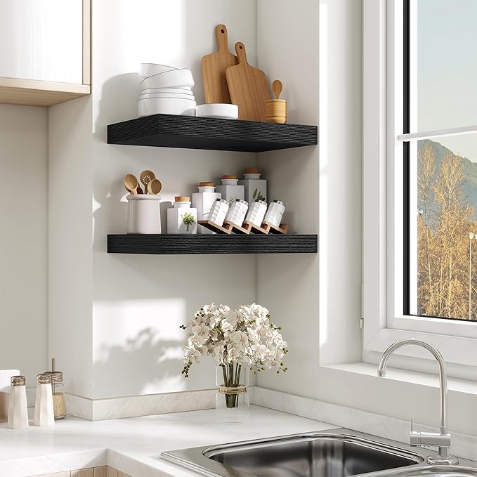 Fun Memories Black Floating Shelves for Wall - 10 x 16 Floating Shelf - Rustic Wood Storage Shelf - Wall Shelves with Invisible Bracket - 16" Bookshelves for Living Room & Bedroom - Black - Set of 2