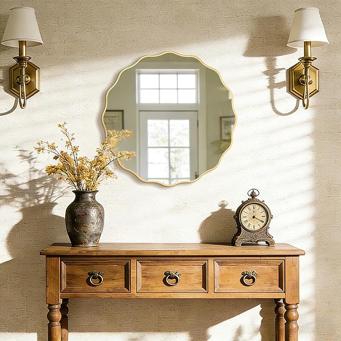 26" Wavy Mirror Scalloped Farmhous Modern Wood Farme Mirror Wall Decor for Bathroom Entryway Living Room Bedroom Hallway