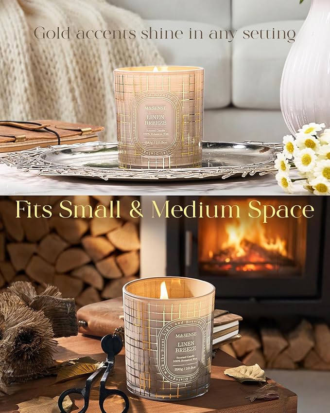 M&SENSE Fresh Linen Scented Candle, Natural Soy, Clean Burn Long Burning, Fresh Air Purifying Home Fragrance, 55 Hours Long Burning 10.3oz, Home Decor Housewarming Gifts for Women