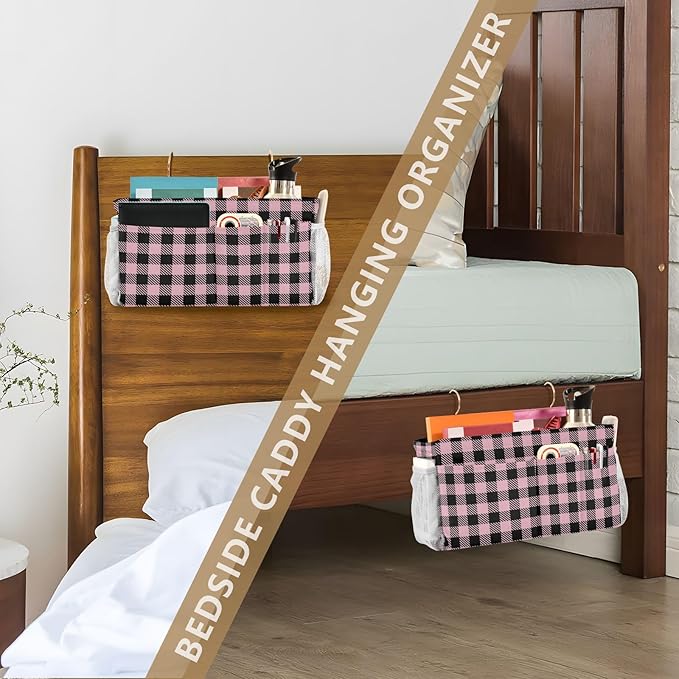 Buffalo Plaid Check Pink Print Bedside Caddy Storage Bag Bedside Organizer for Bunk Bed Headboards College Organizer Caddy Hanging Shelf 6 Pockets with Hooks for Drinks Magazine Phone Holder