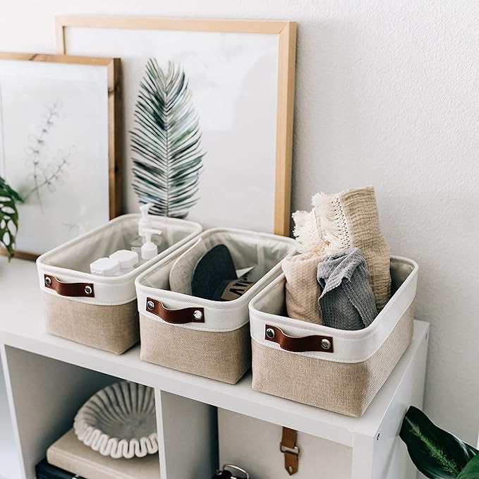 OrganiHaus Small Fabric Storage Baskets 3 Pack, 12x8in Cloth Storage Bins for Shelves, Small Baskets for Organizing Pantry Closet, Canvas Shelf Baskets, Beige/Off-White