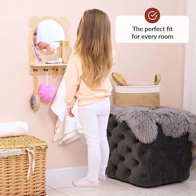 ODOXIA Toddler Self Care Station | Montessori Shelf with Hooks and Mirror | Montessori Bathroom Station | Mirror with Shelf and Hooks | Bathroom Organizer for Kids | Encourage Independence