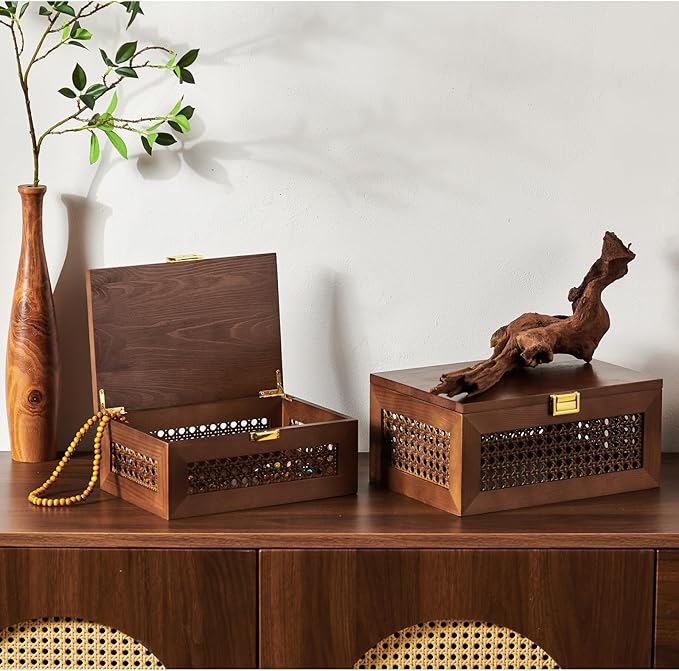2PCS Decorative Rattan Storage Boxes Solid Wood Baskets Bins with Lid Keepsake Memory Jewelry Box Natural Boho Shelf Wicker Closet Desk Organizer Container (Walnut, 1 Large 1 Small)