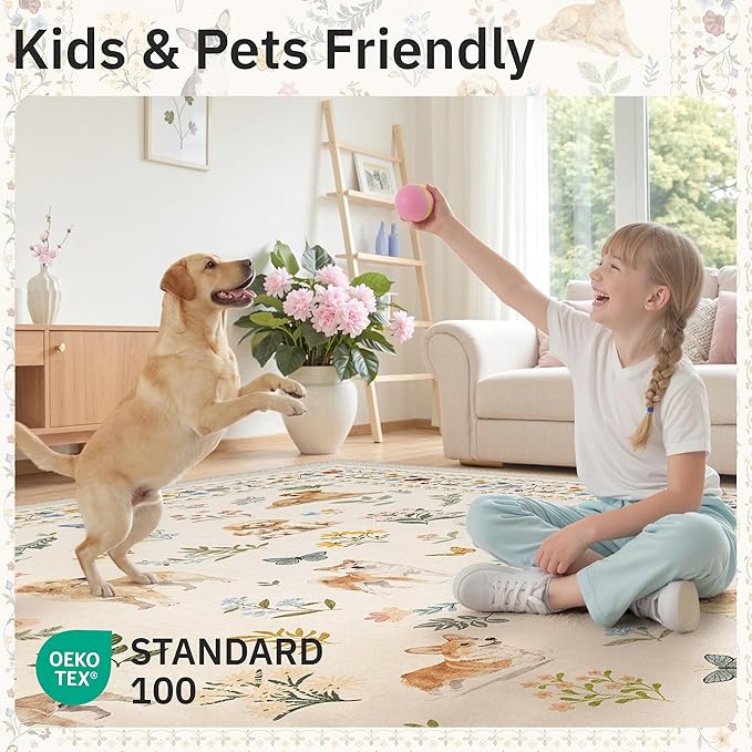 Soalmost 2x3 Dog Rugs for Entryway, Machine Washable Door Mat Animal Floral Small Area Rug Non-Slip Low Pile Soft Throw Rugs for Entrance Kitchen Indoor Front Door Kids Room (2 x 3,Beige)