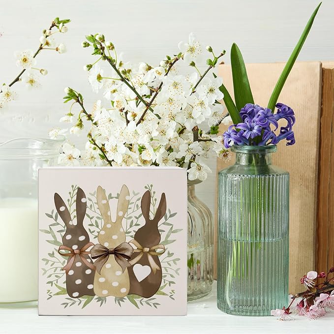 Easter Decor, Rabbit Wooden Box Sign, Rustic Easter Tiered Tray Decorations, Farmhouse Bunny Table Centerpiece Sign for Party Home Kitchen Dining Table Decor 5x5