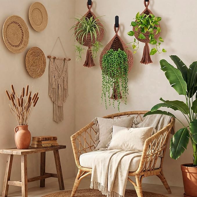 Honeydak Boho Decor Hanging Wall Baskets for Kitchen 3 Pack Teardrop Baskets with Hooks Storage Fruit Onion Vegetable Potato for Home 3 Sizes(White,Tassel,Cotton Rope)