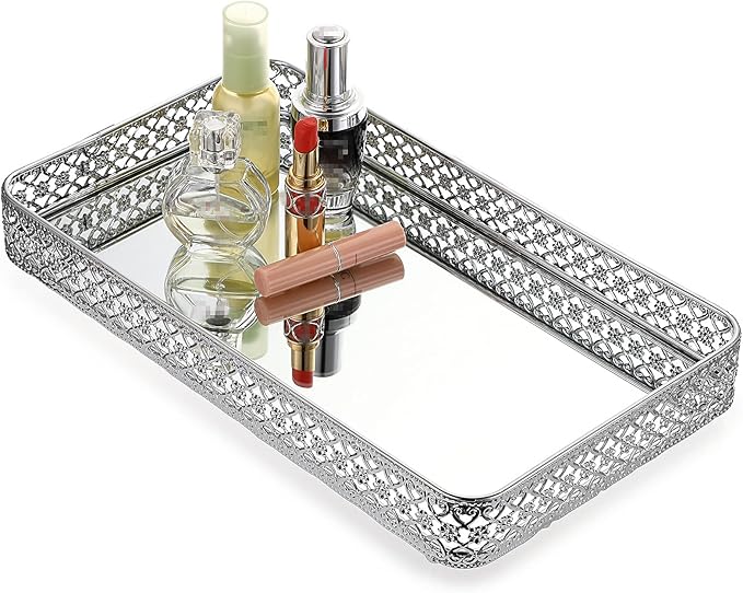 ELLDOO Perfume & Makeup Mirror Tray - Silver Metal Organizer for Dresser & Bathroom Countertop, Hollow-Carved Design Jewelry Storage Large Size 13.8" x 7.9"