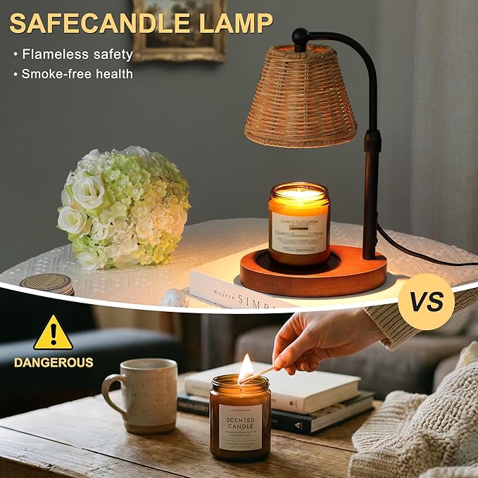 Candle Warmer Lamp with Timer Dimmer, Natural Weaving Boho Candle Lamp Birthday Gifts for Women, Mom, House Warming Gifts Wax Melt Warmer for Jar Candles with 2 Bulbs, Espresso
