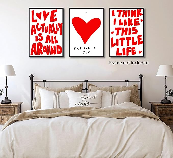 3Pcs Trendy Red Preppy Canvas Wall Art Inspirational Love Quotes Wall Decor Love Is All Around Painting Pictures Vintage Valentine Poster Prints for Girl Apartment Home Aesthetic Decoration unframed